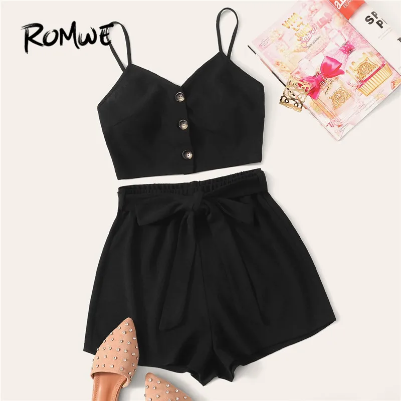 ROMWE Button Front Cami Crop Top and Tie Front Shorts 2 Piece Set Women Summer Sexy V Neck Two Piece Outfits Black Matching Set
ROMWE Button Front Cami Crop Top and Tie Front Shorts 2 Piece Set Women Summer Sexy V Neck Two Piece Outfits Black Matching Set