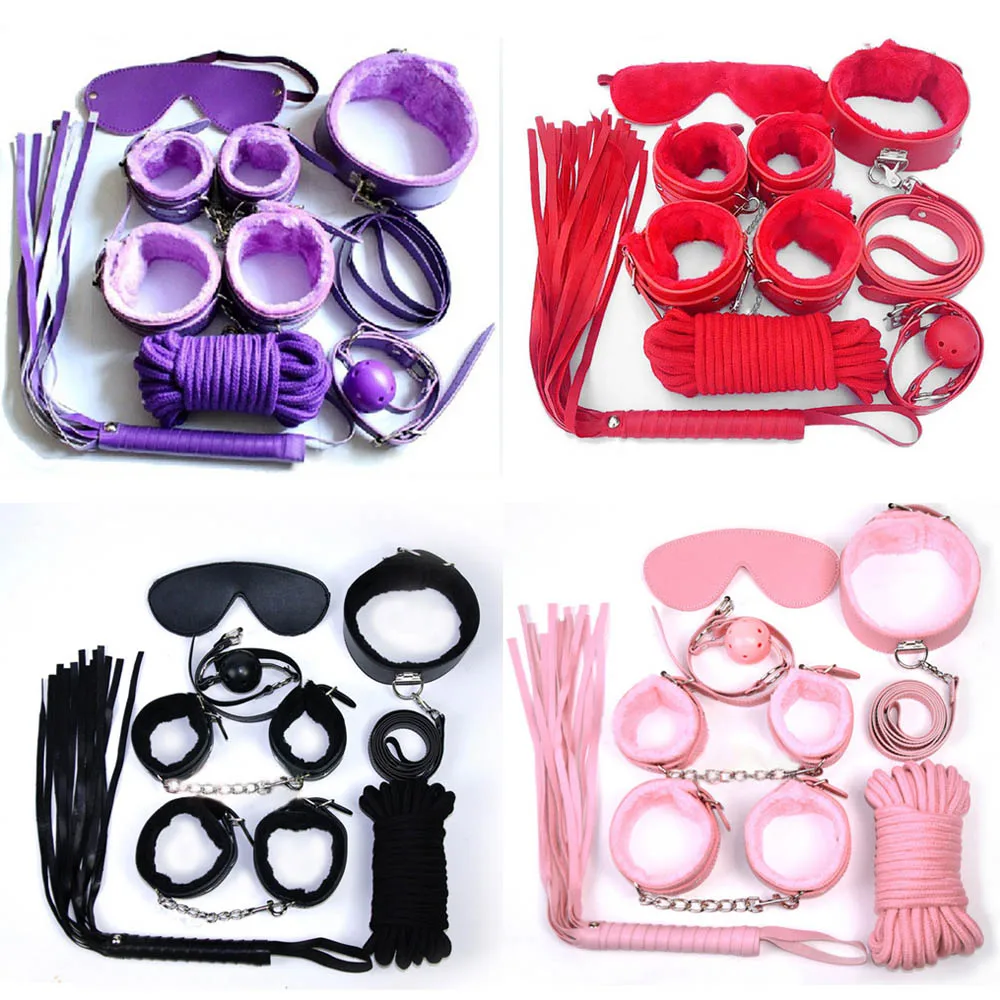 7pcs Novelty Adult Novelty Special Couple Toy Bondage Restraint Handcuffs Collar Whip Pink/Black/Red Exotic Accessories