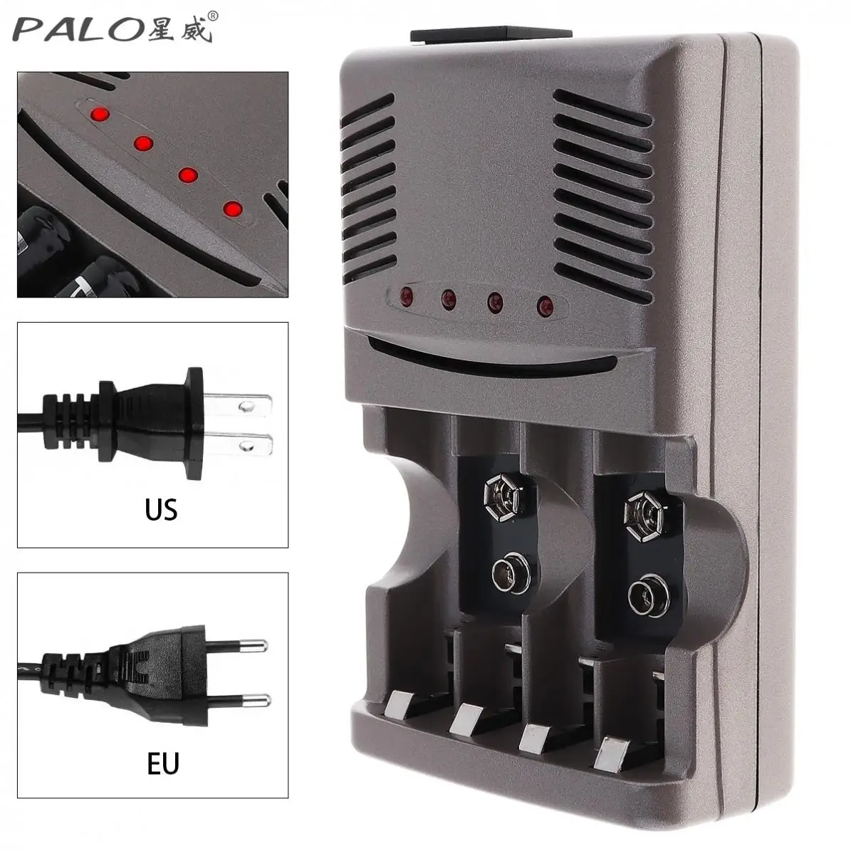 PALO 4 Slots Smart Quick Battery Charger with EU US Plug for NI-MH / NI-CD / 9V / AA / AAA Rechargeable Batteries
PALO 4 Slots Smart Quick Battery Charger with EU US Plug for NI-MH / NI-CD / 9V / AA / AAA Rechargeable Batteries
