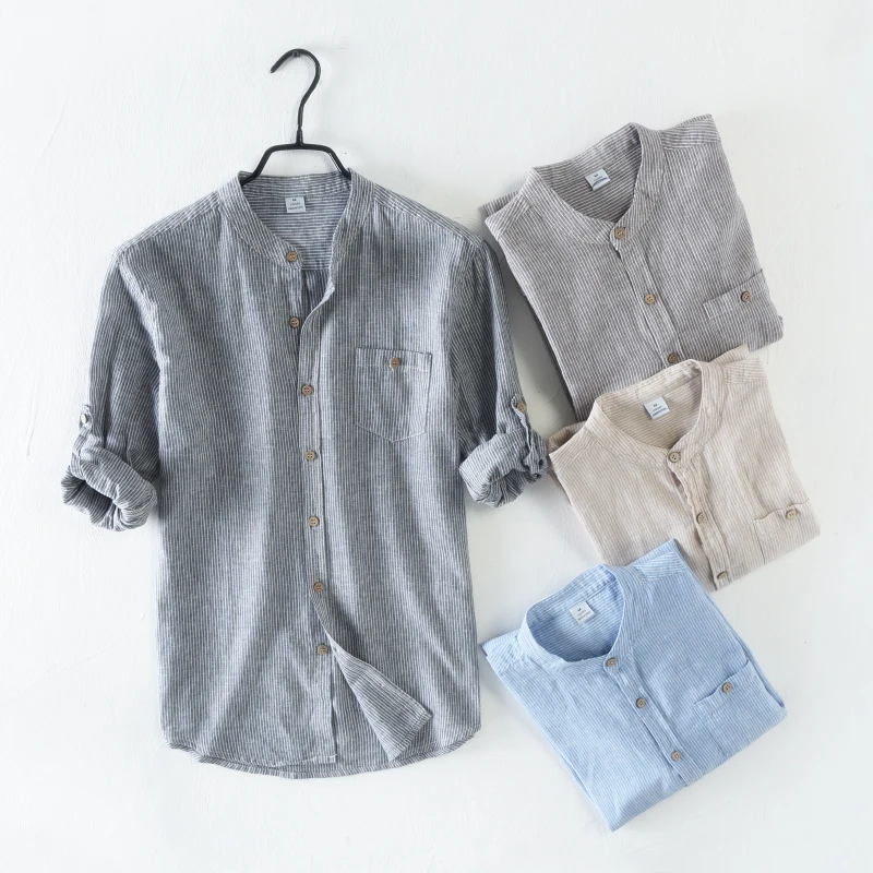 Spring Autumn Fashion Men Shirts Stand Collar Long Sleeve Linen Shirts Men Vintage Designer Casual Stripe Shirts Dress
Spring Autumn Fashion Men Shirts Stand Collar Long Sleeve Linen Shirts Men Vintage Designer Casual Stripe Shirts Dress