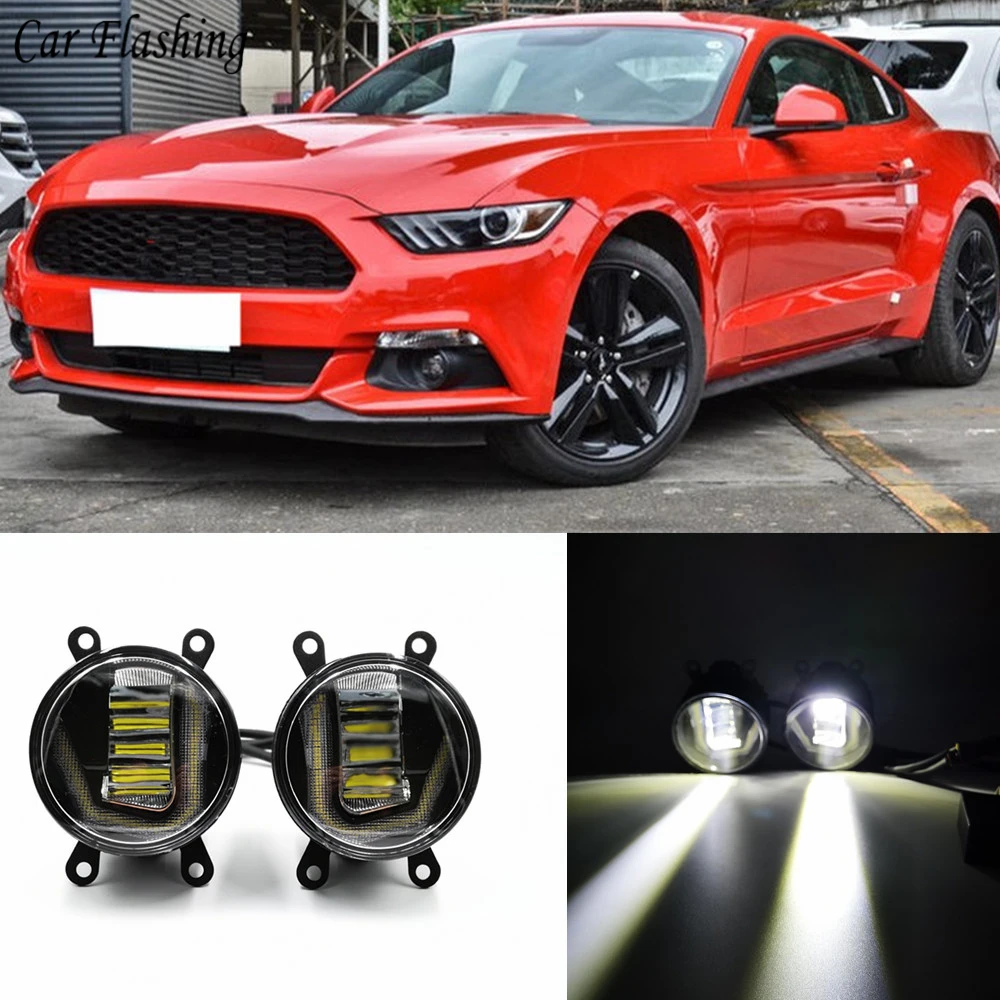 3-IN-1 Functions LED DRL Daytime Running Light Car Projector Fog Lamp with yellow signal For Ford Mustang 2015 2016 2017 2018 | Автомобили