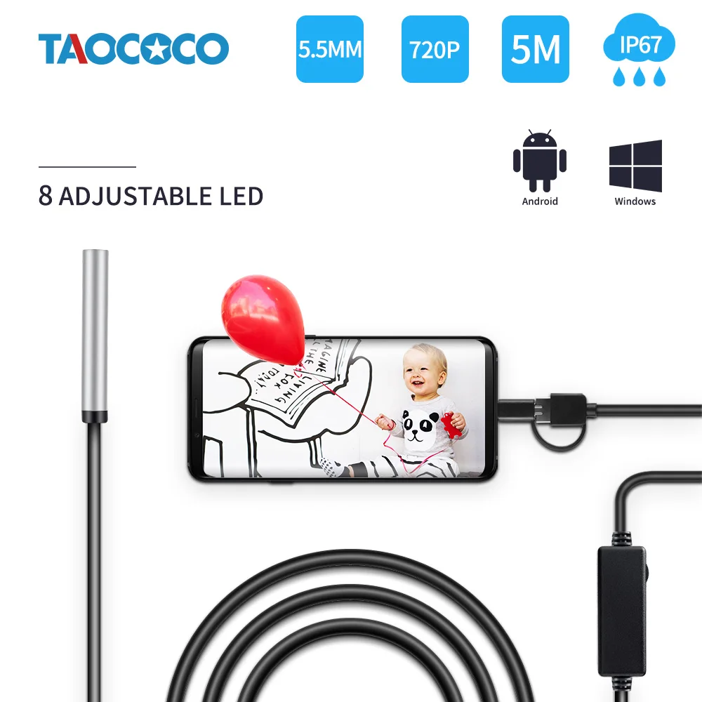 TAOCOCO Endoscope Waterproof Soft Cable Snake Tube Inspection Borescope Camera 5.5mm 720P 5m 3 in 1 USB Mini Endoscope Camera
TAOCOCO Endoscope Waterproof Soft Cable Snake Tube Inspection Borescope Camera 5.5mm 720P 5m 3 in 1 USB Mini Endoscope Camera