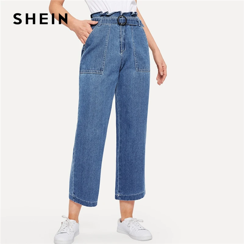 

SHEIN Paperbag Waist Ring Belted Wide Leg Jeans 2019 Ruffle Waist Culotte Jeans With Belt Blue High Waist Women Trousers