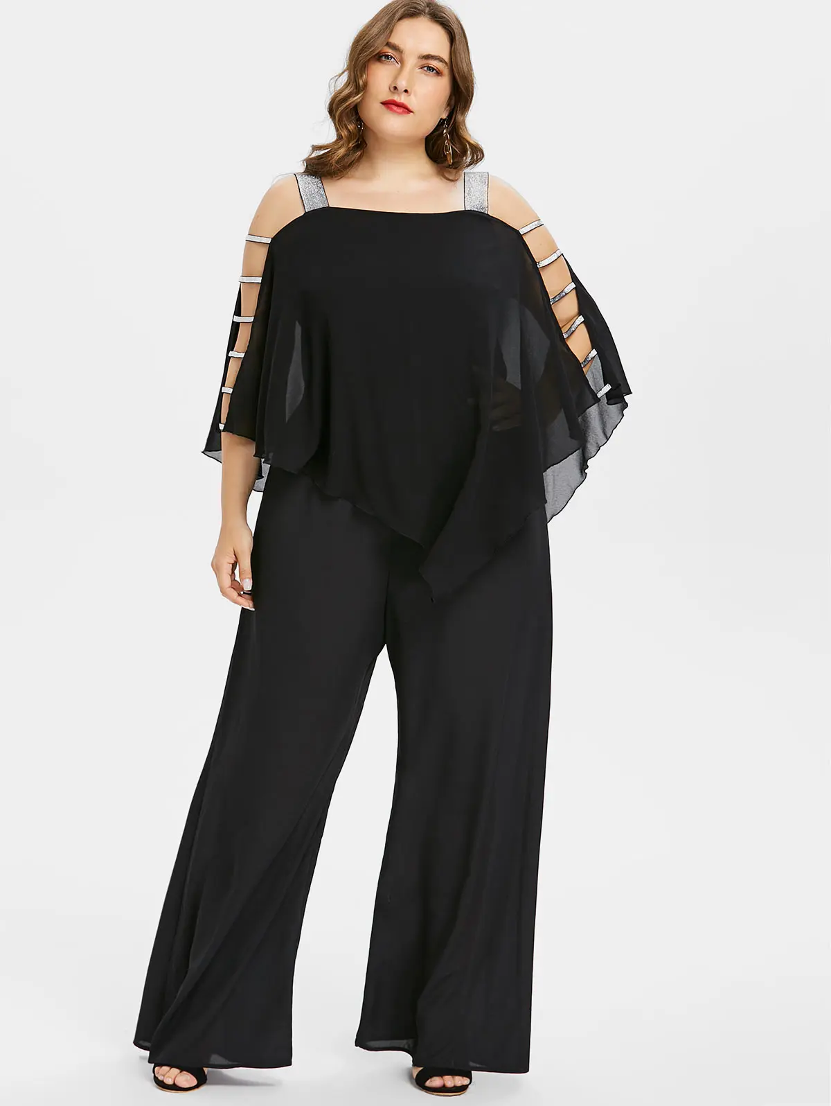 

Wipalo Plus Size 5XL Square Neck Ladder Cut Out Overlay Jumpsuit Women Asymmetrical Loose Fitting Fashion Jumpsuits Big Size