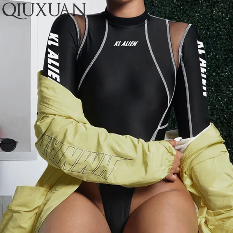 Qiuxuan Black Sexy Bodysuits Womens High Leg Mesh Insert White Stitching Detail Long Sleeve Bodycon Rompers Women Summer 2019
Qiuxuan Black Sexy Bodysuits Womens High Leg Mesh Insert White Stitching Detail Long Sleeve Bodycon Rompers Women Summer 2019