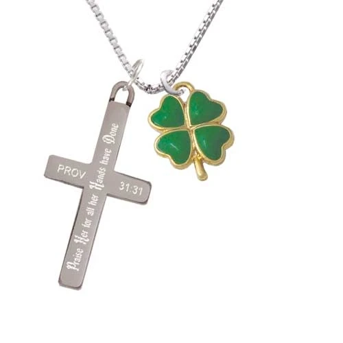 Opaque Green Lucky Four Leaf Clover - Praise Her - Cross Necklace (1)