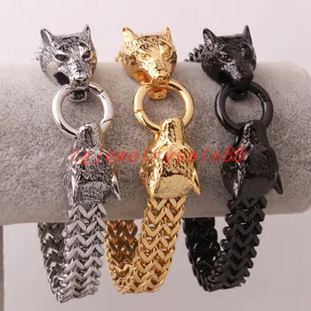 

12mm Wide Stainless Steel Figaro Rolo Chain Bracelet Cool Mens Cuff Jewelry Silver Gold Black Color Wolf Head Clasp Bangle 8.66"