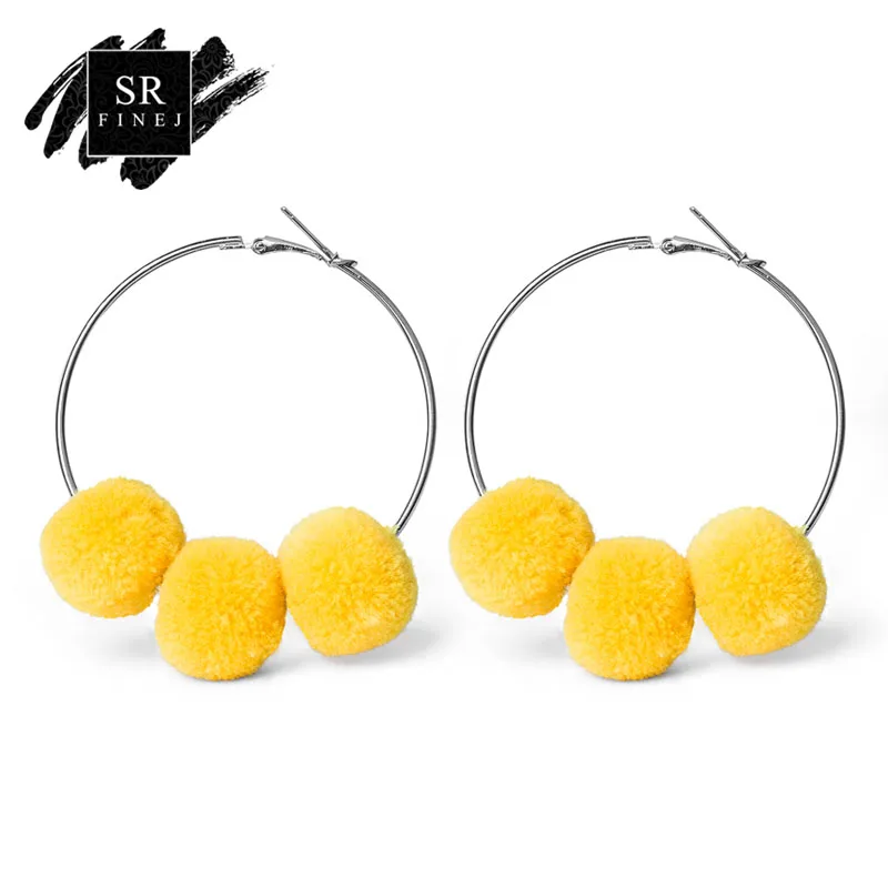 

SR:FINEJ Colorful Triple Hairball Pompoms Dangle Earrings Women Bohemian Pendants Accessories DIY Pom Poms Statement Ear Jewelry
