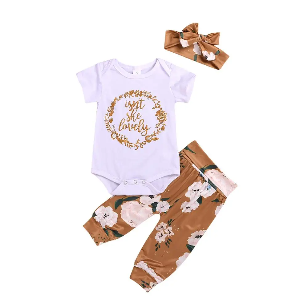 Baby Clothing Set for Girl Isn't She Lovely Short Sleeve Romper + Flower Trousers + Headband Clothes Set
Baby Clothing Set for Girl Isn't She Lovely Short Sleeve Romper + Flower Trousers + Headband Clothes Set