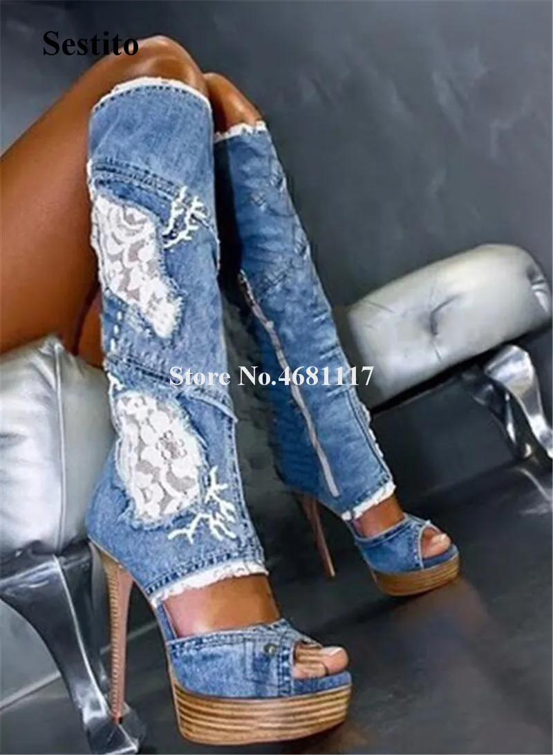 

Women Sexy Fashion Peep Toe Blue Denim Knee High Gladiator Boots Cut-out Mesh Long High Heel Jean Boots Motorcycle Boots