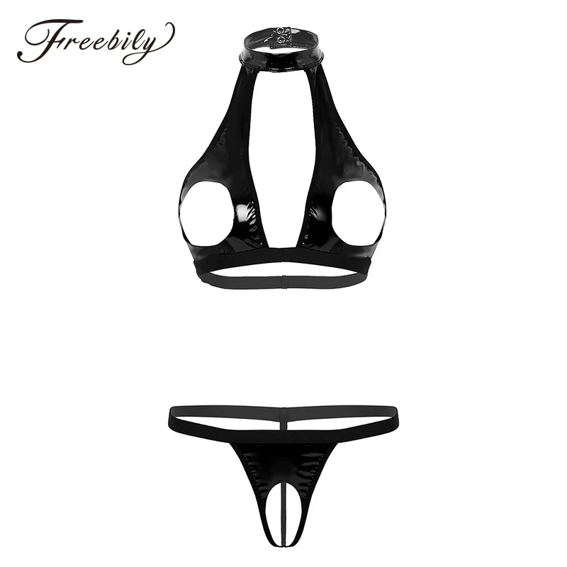 Womens Erotic Lingerie Set Wetlook Faux Leather Hollow Out Bust Open Bra Top with Crotchless Briefs T-Back Sexy Femme Underwear
Womens Erotic Lingerie Set Wetlook Faux Leather Hollow Out Bust Open Bra Top with Crotchless Briefs T-Back Sexy Femme Underwear