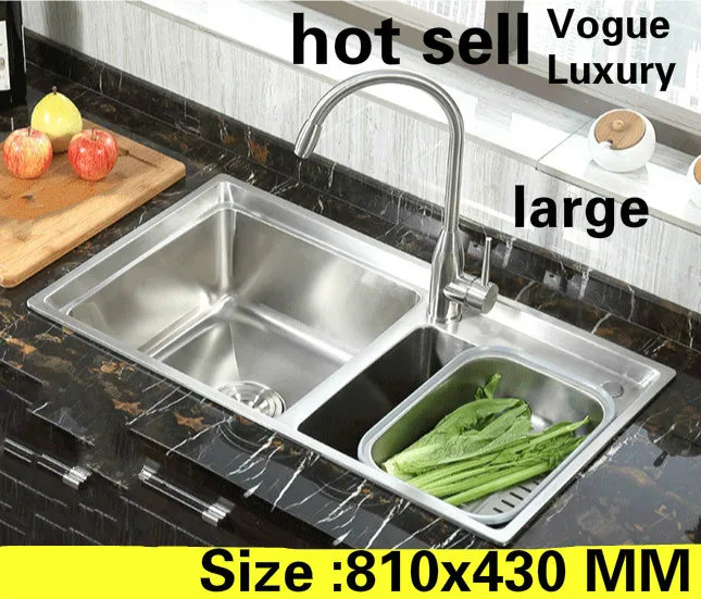 

Free shipping Apartment luxury kitchen double groove sink vogue do the dishes 304 stainless steel hot sell large 810x430 MM