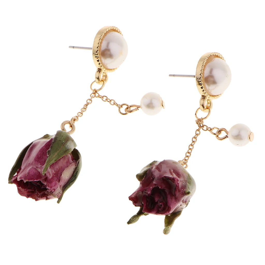 1 Pair Resin Covered Real Flower Charms Natural Dried Flower Pendants Drop Earrings Studs for Women Girls Jewelry 3 Colors