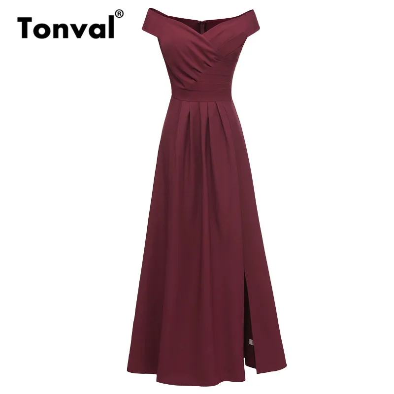 Tonval Burgundy Sexy V Neck Evening Banquet Maxi Dress Women Ruched Split Side Fit and Flare Off the Shoulder Party Dresses 
Tonval Burgundy Sexy V Neck Evening Banquet Maxi Dress Women Ruched Split Side Fit and Flare Off the Shoulder Party Dresses