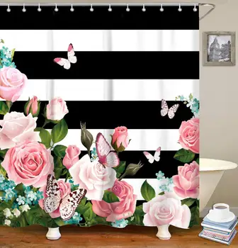 Black White Stripes Shower Curtain Set with 12 Hooks Fabric Bath Curtains Pink Flowers Decorative Thick Bathroom Curtain
Black White Stripes Shower Curtain Set with 12 Hooks Fabric Bath Curtains Pink Flowers Decorative Thick Bathroom Curtain