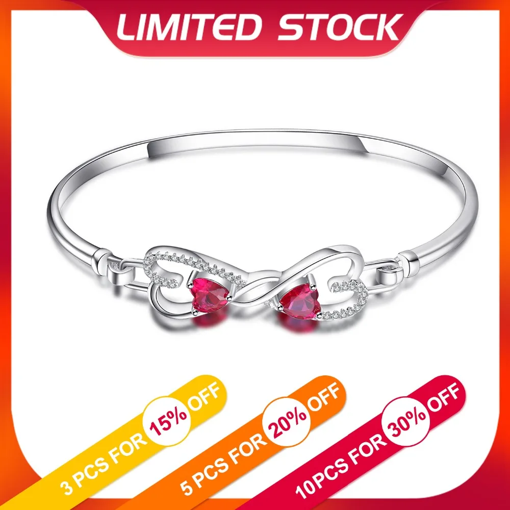 JewelryPalace Forever Love Heart 1.6ct Created Ruby Bangle 925 Sterling Silver Fashion Bracelet For Women Fine Jewelry Gift
