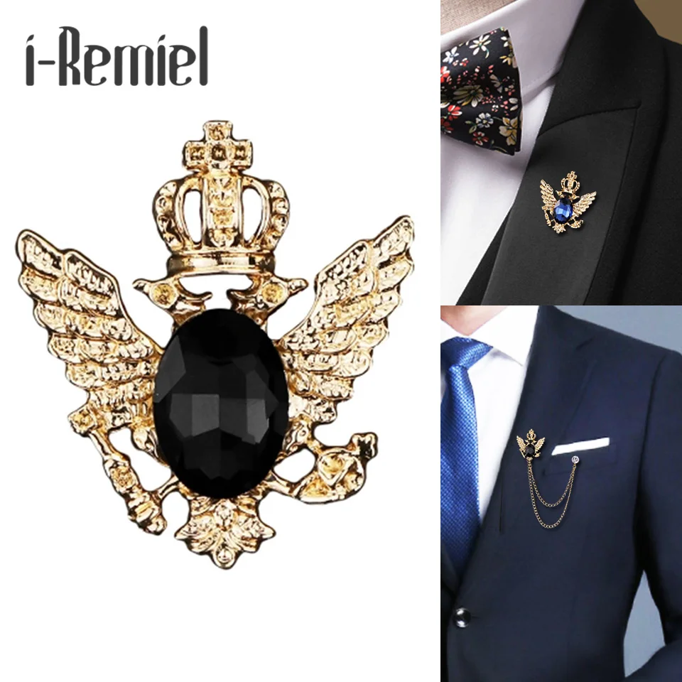 

i-Remiel ancient ways small suit crown double-headed eagle wings brooch Fashion male corsage crystal chain tassel badge pin