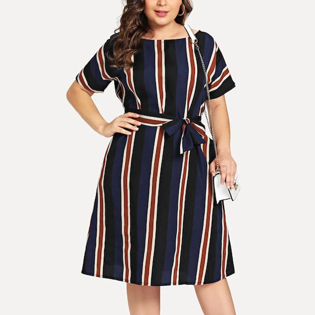 Womail Plus Size Striped Design Casual Short Sleeve Sashes Design Chiffon Material Fashion Summer Dress Women 19MAR29