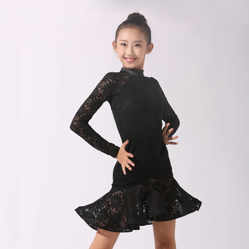 Black Lace Girls Latin Dance Dress for Skirt long Sleeves sslsa Ballroom Samba Dancing Dresses Kids Mini | Тематическая одежда и