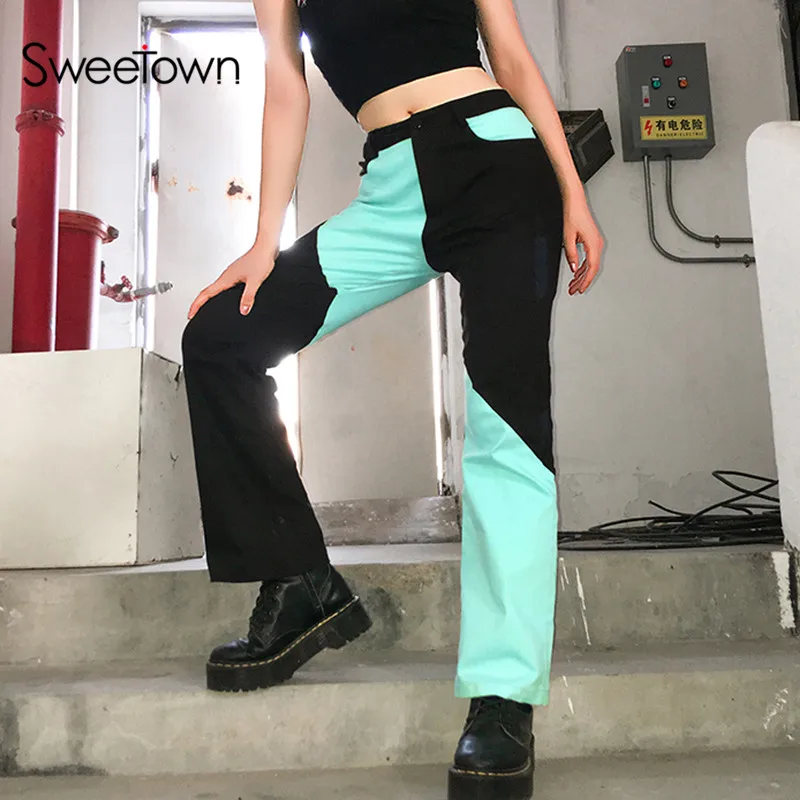 Sweetown Contrast Color Patchwork Flare Pants Women Streetwear Full Length Street Fashion 2019 High Waist Trousers Autumn Winter
Sweetown Contrast Color Patchwork Flare Pants Women Streetwear Full Length Street Fashion 2019 High Waist Trousers Autumn Winter