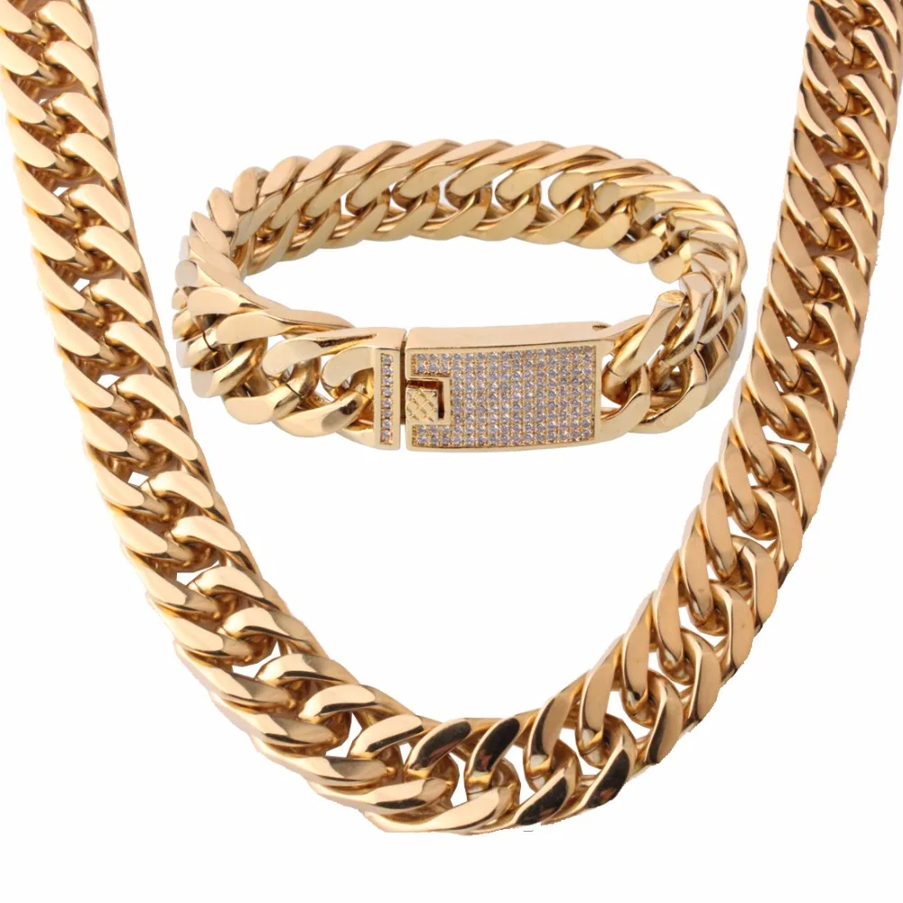 15mm Wide Gold Color Crystal Stainless Steel Buckle Miami Curb Cuban Link Chain Bracelet&ampNecklace Men's Jewelry Set | Украшения и