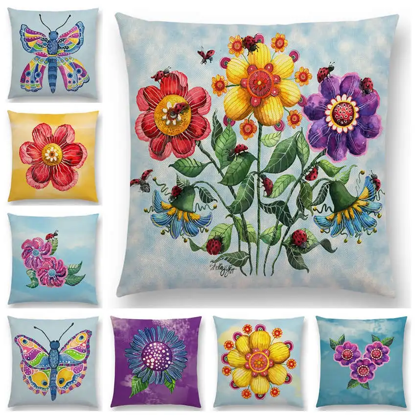 

Watercolor Butterfly Flowers Sofa Throw Pillow Case Colourful Dream Fantasy Inflorescence Flamingo Cushion Cover