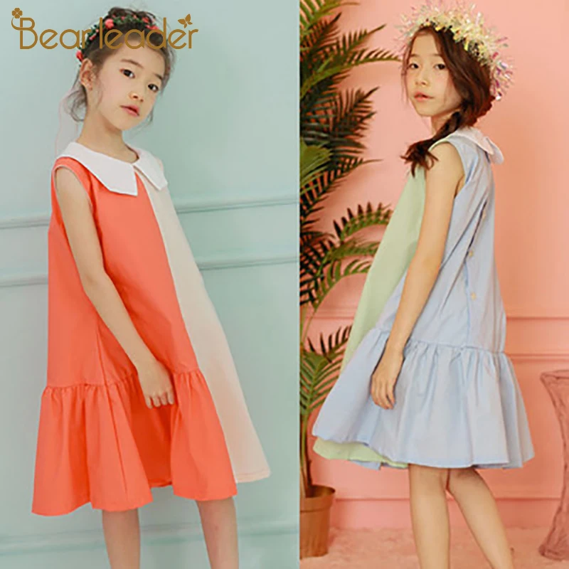Bear Leader/летнее платье для девочек цветная подходящая версия хлопковая одежда