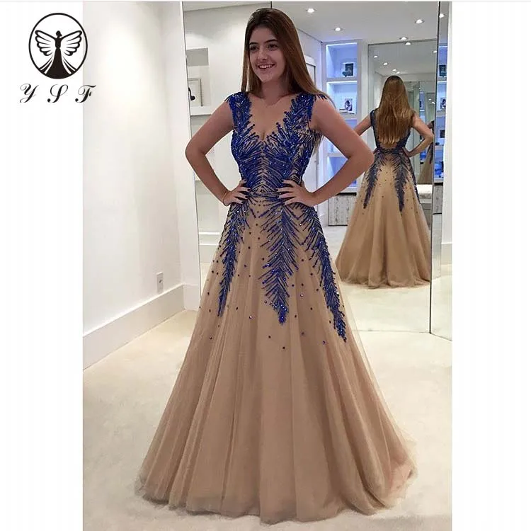 New Arrival Champagne V Neck Beaded Stones Sleeveless Backless Long Prom Dresses 2019
New Arrival Champagne V Neck Beaded Stones Sleeveless Backless Long Prom Dresses 2019