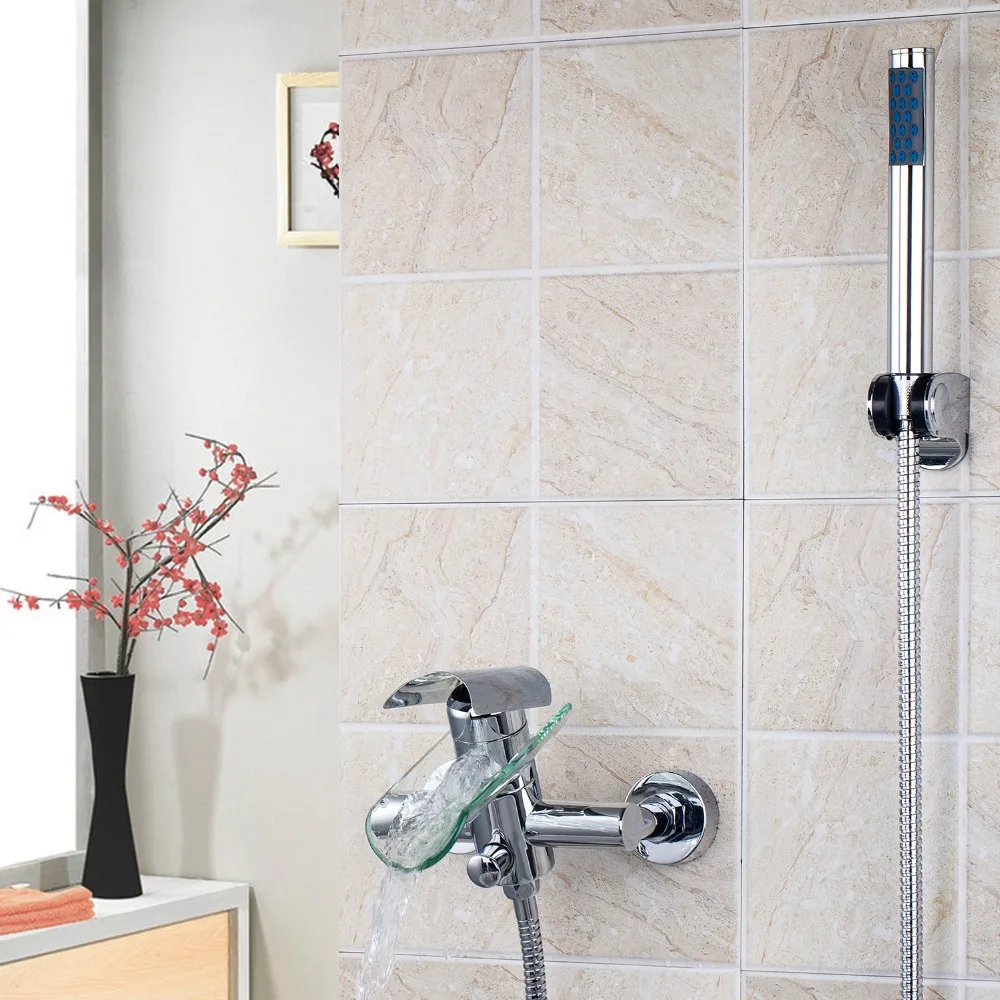 Solid Brass and Glass Waterfall Spout Mixer Tap with Handheld Shower