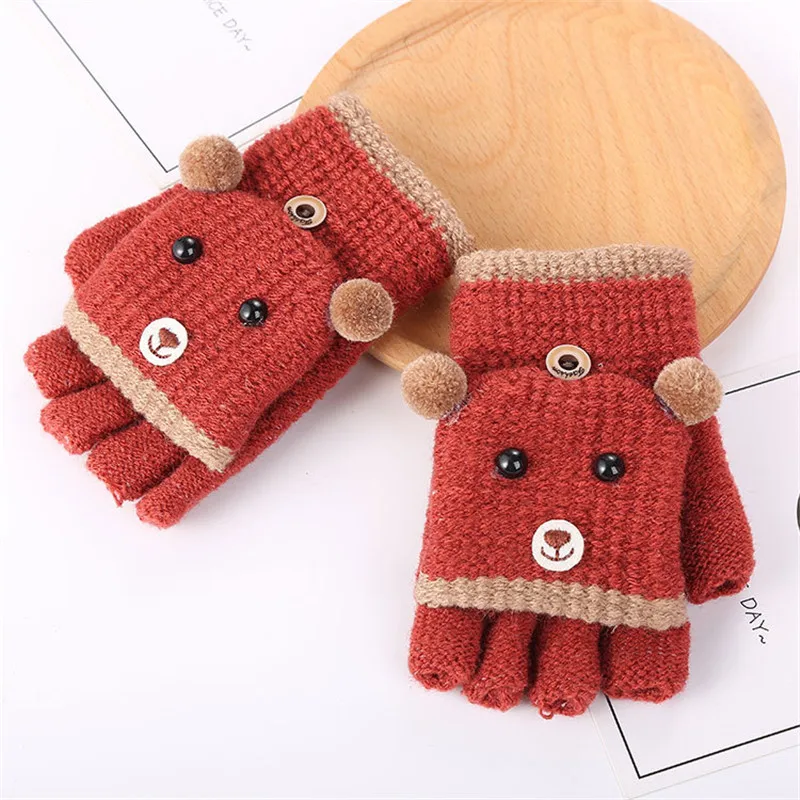 Baby Gloves Kids Mittens Baby Accessories Glove Half Finger Cartoon Bear Patchwork Keep Warm Baby Mittens Knitted Gloves (1)