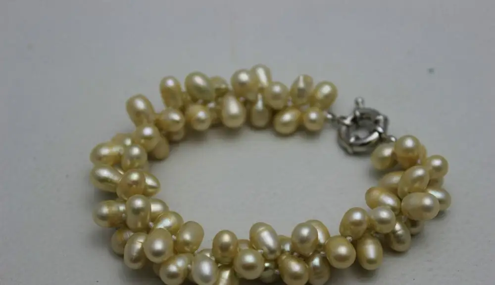 2strands twist Champagne Beaded freshwater pearl bracelet &quotHandmade&quotAlloy 9INCH >&gtfree shipping | Украшения и