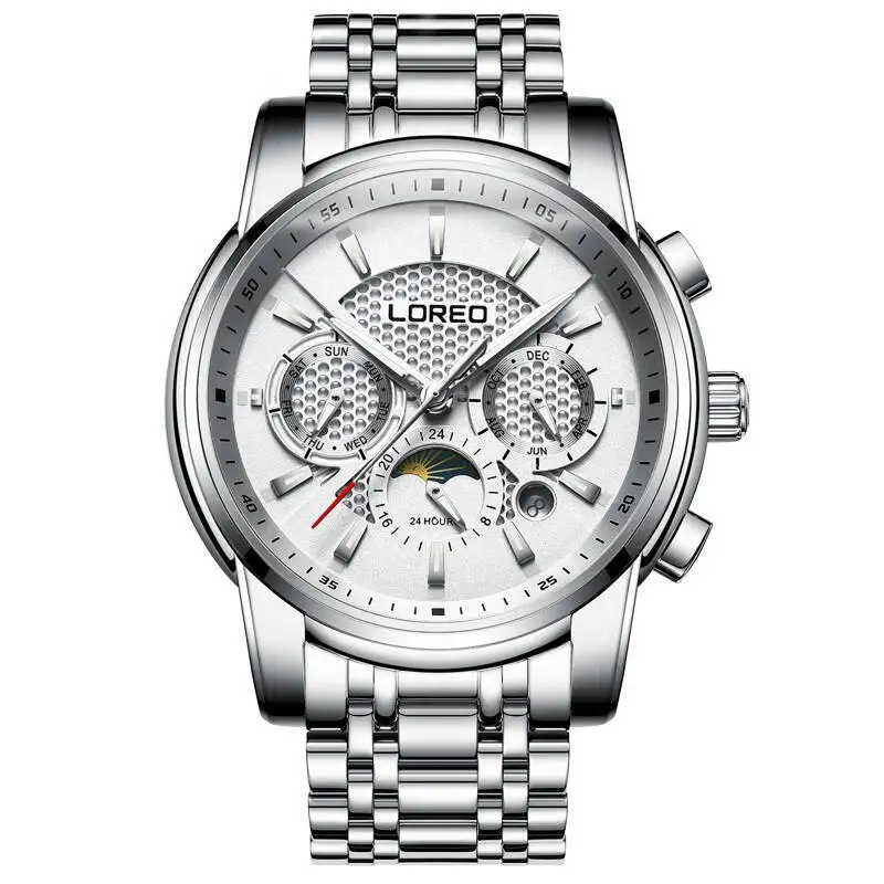 

LOREO 6109 Germany Moon phase week month display automatic self-wind stainless steel diamond waterproof luminous leisure