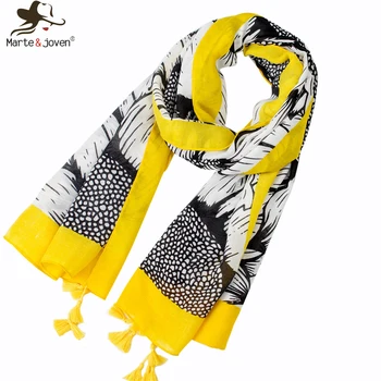 

Marte&Joven Fashion Art Floral Sunflower Printing Spring Autumn Scarf for Women Elegant Yellow Tassel Long Polyester Shawl Hijab