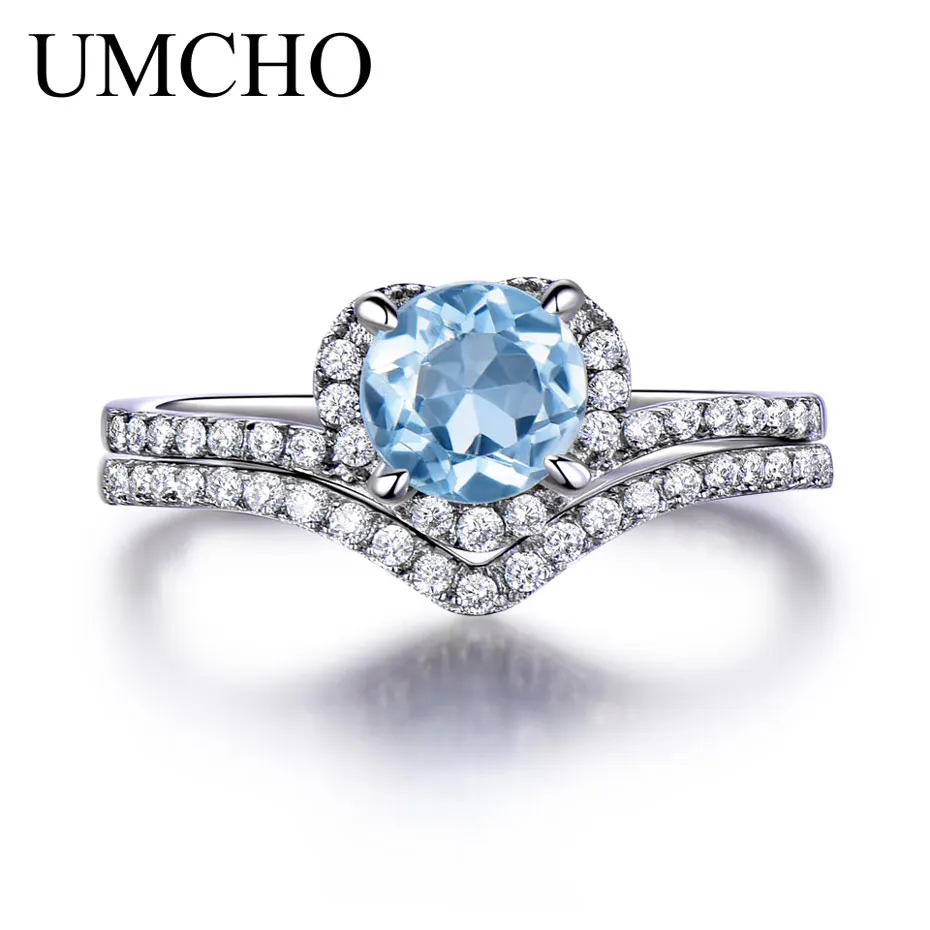 

UMCHO Sky Blue Topaz Rings For Women Solid 925 Sterling Silver Engagement Anniversary Band Ring Set Gemstone Valentine's Gift