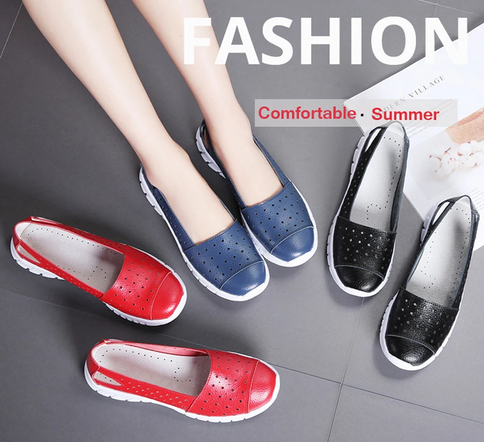2019 Summer women flat shoes genuine leather cutout ballet flats shoes flats ladies slip on loafers nurse boat shoes (1)