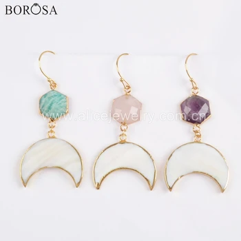 BOROSA 4pairs Female Drop Earings Natural Amethysts Pink Quartz Amazonite Stone Moon Shape White Shell Earrings G1731
BOROSA 4pairs Female Drop Earings Natural Amethysts Pink Quartz Amazonite Stone Moon Shape White Shell Earrings G1731