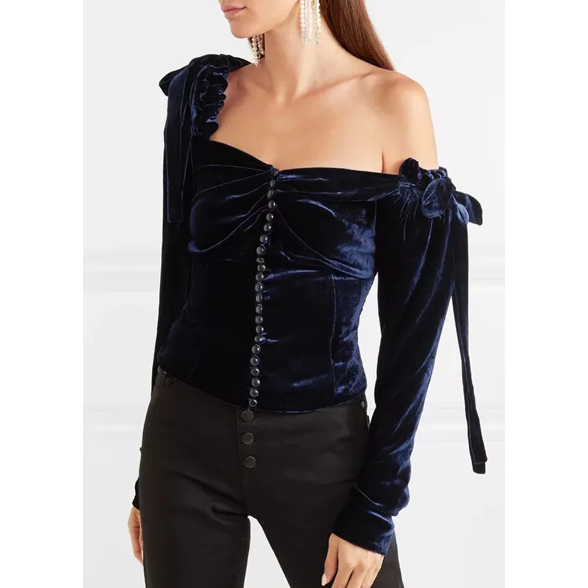 Velvet Shirts oblique collar Slim Buttons irregular Blouses Dark blue long Lantern sleeved Off shoulders splicing Pleated Tops
Velvet Shirts oblique collar Slim Buttons irregular Blouses Dark blue long Lantern sleeved Off shoulders splicing Pleated Tops