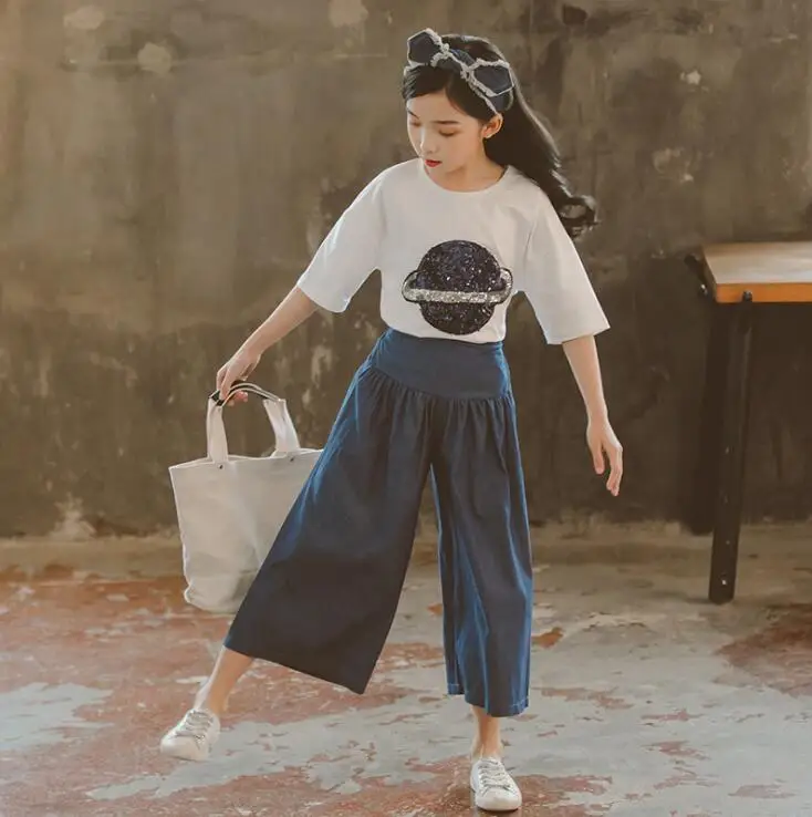 QQ454 SUmmer Girls 2pcs Suits Fashion T-shirt + High waist Wide leg pants Kids Suits Age 6-14Y Big Girls Clothing 2019 Retail