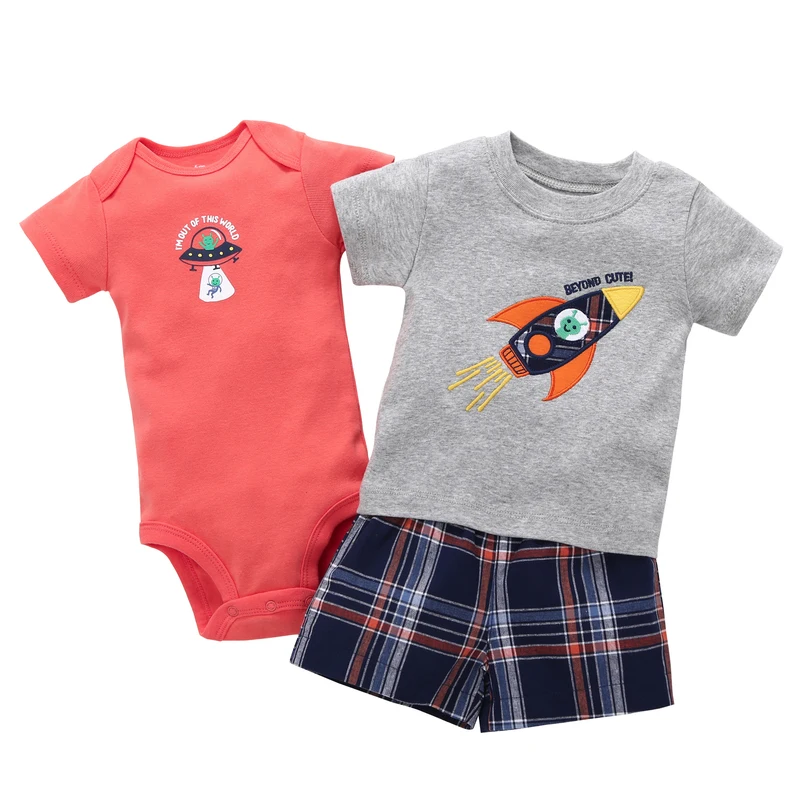 2018 summer Infant newbron baby boy clothes suit cotton short sleeves romper+rockets T-shirt Tops+shorts 3pcs/sets