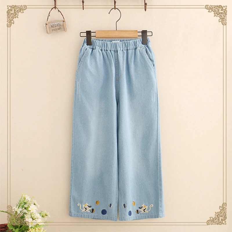 2018 Spring Women's Wide Leg Pants Denim Casual Solid Embroidery Elastic Waist Female Cowboy Pants T516
2018 Spring Women's Wide Leg Pants Denim Casual Solid Embroidery Elastic Waist Female Cowboy Pants T516