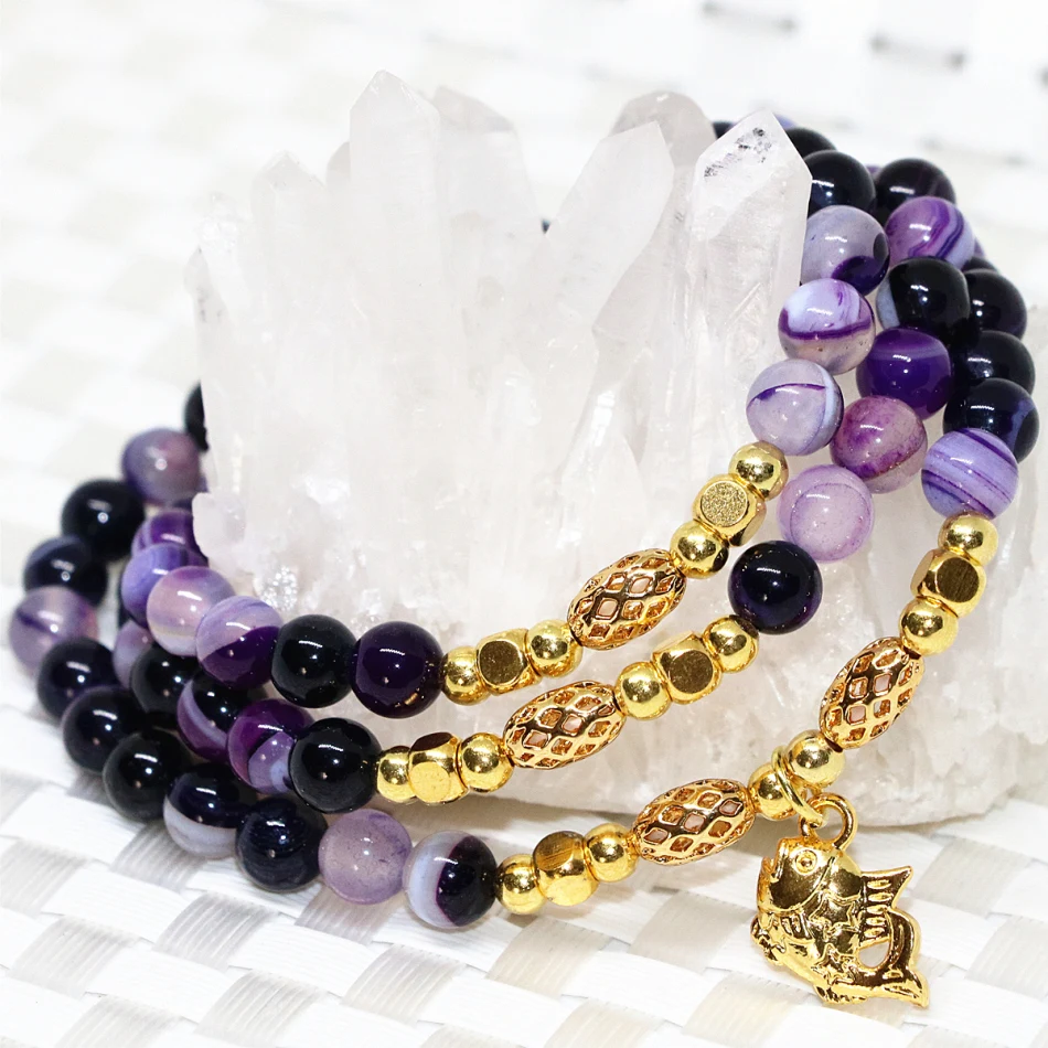 fish pendant unique elastic purple multilayer long bracelet natural carnelian stone veins agat onyx 6mm round beads jewelryB2242 | Украшения