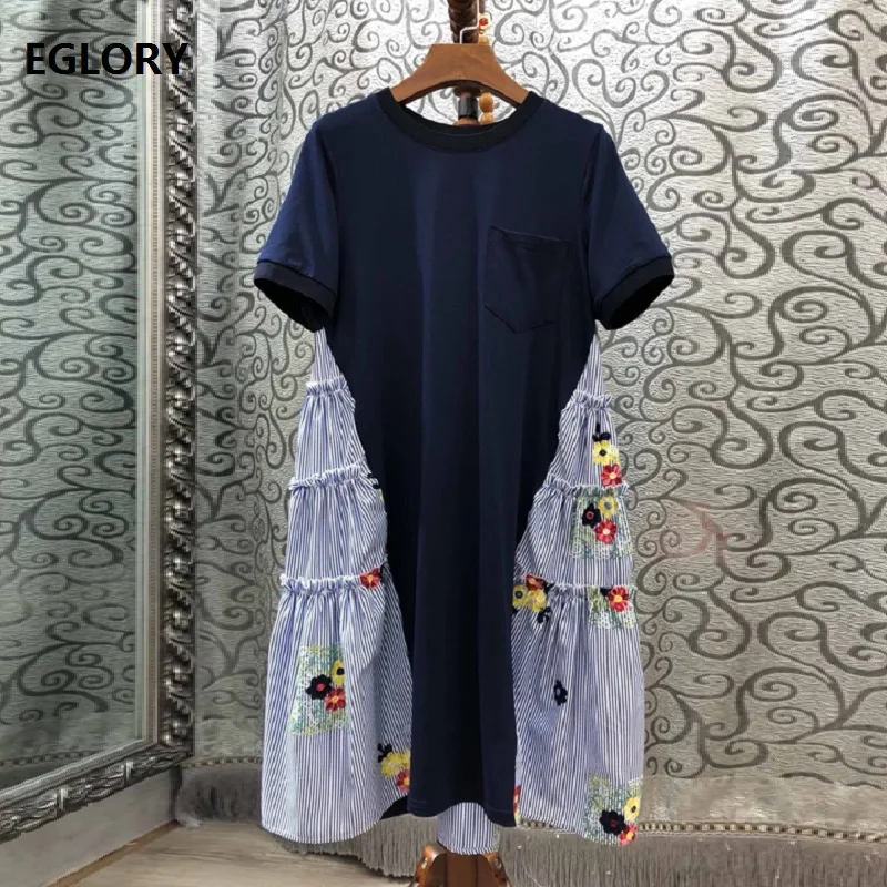 High Quality Cotton Dress 2019 Summer Casual T Shirt Dress Women Striped Embroidery Patchwork Short Sleeve Blue Black Dress Cute
High Quality Cotton Dress 2019 Summer Casual T Shirt Dress Women Striped Embroidery Patchwork Short Sleeve Blue Black Dress Cute