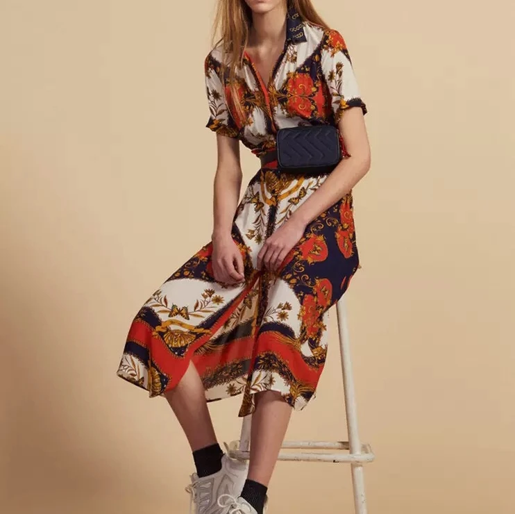 2019 spring and summer new vintage style short sleeve single breasted retro print long skirt for women
2019 spring and summer new vintage style short sleeve single breasted retro print long skirt for women
