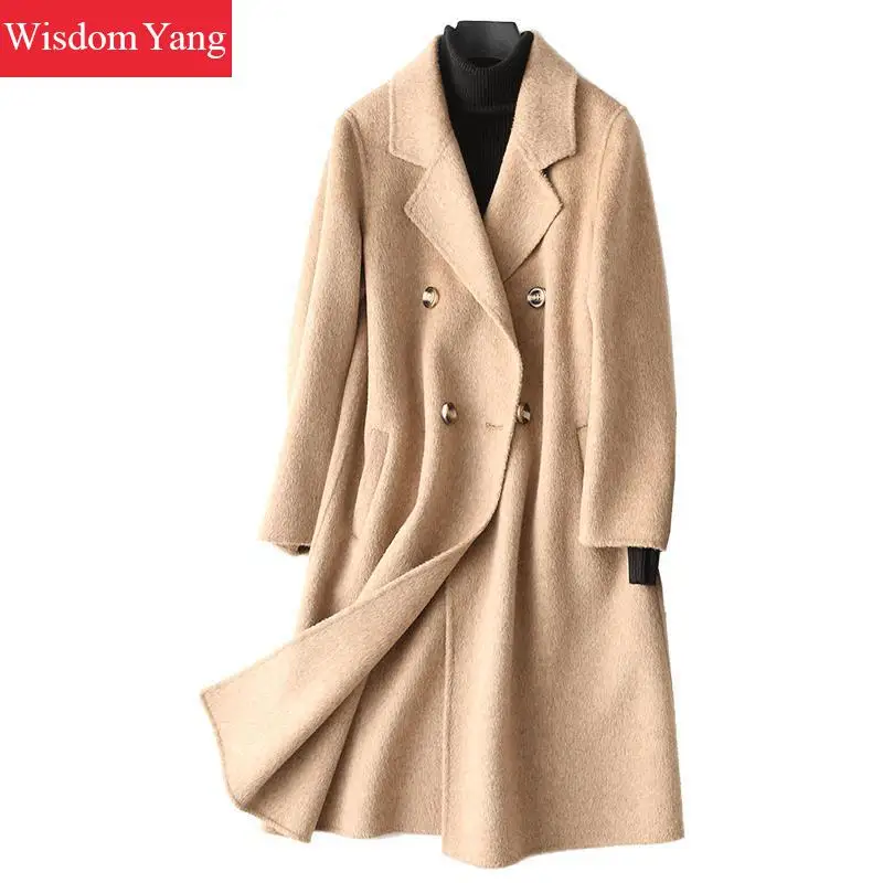 

Elegant Khaki Womens Sheep Wool Coats Woman Winter Slim Female Xlong Double Button Wear Woolen Overcoat Casual Coat Outerwear