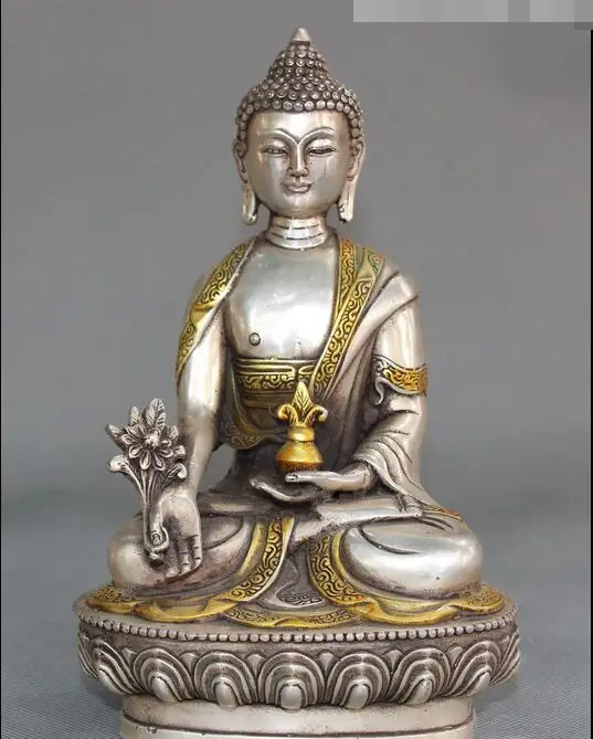 free 8" Tibet Buddhism Silver Gilt Seat Lotus Menla Medicine medical Buddha Statue fast