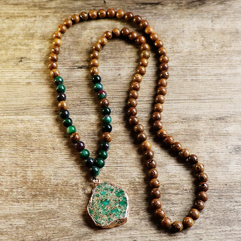 Fashion Bohemian Women Jewelry Vintage Prayer Wood Beads Mala Stone Beads with Irregular Green Stone Pendant Beaded Necklaces
Fashion Bohemian Women Jewelry Vintage Prayer Wood Beads Mala Stone Beads with Irregular Green Stone Pendant Beaded Necklaces