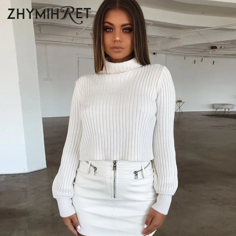 ZHYMIHRET 2018 Autumn Ribbed Sweater For Women Turtleneck Long Lantern Sleeve Crop Tops Female Pullover Pull Femme | Женская одежда