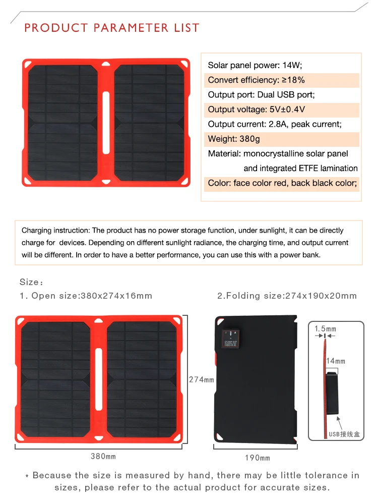 PowerGreen Solar Power Bag 14W 5V 2A ETFE Mono Solar Panel Folding Solar Charger Power Bank for Phones
PowerGreen Solar Power Bag 14W 5V 2A ETFE Mono Solar Panel Folding Solar Charger Power Bank for Phones