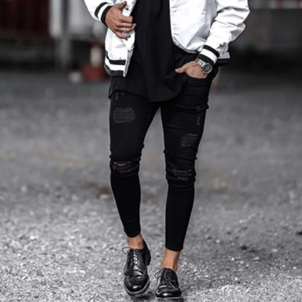 Mens Cool Designer Brand Black Jeans Skinny Ripped Destroyed Stretch Slim Fit Hop Hop Pants With Holes For Men
Mens Cool Designer Brand Black Jeans Skinny Ripped Destroyed Stretch Slim Fit Hop Hop Pants With Holes For Men