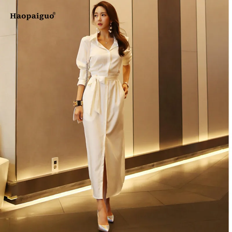 Plus Size Straight Dress Women Autumn White V-neck Turn-down Collar Ankle-length Casual Office Dress Long Sleeve Shirt Dresses
Plus Size Straight Dress Women Autumn White V-neck Turn-down Collar Ankle-length Casual Office Dress Long Sleeve Shirt Dresses